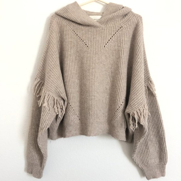 Anthropologie Sweaters - Anthropologie Sweater Womens XL Beige Hooded Alpaca Wool Yak Oversized Fringe